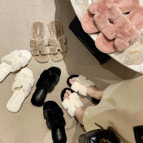 小香风平底H毛毛拖鞋女外穿