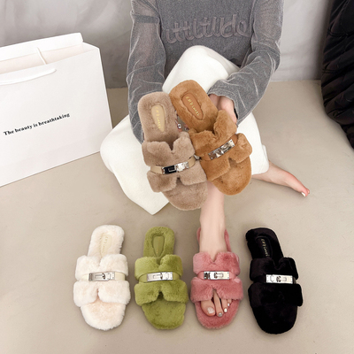 小香风方头平底H金属扣毛毛拖鞋