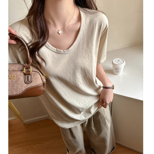 慵懒风V领宽松短袖T恤女休闲风简约雪纺纯色宽松型高级感上衣女装