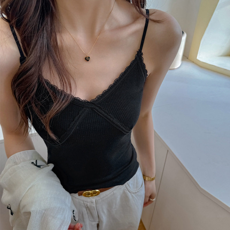 韩版抹胸性感蕾丝V领吊带背心女修身打底内搭上衣通勤黑色设计感