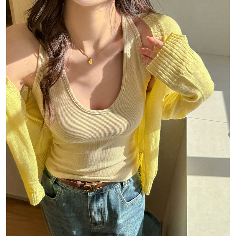 韩版U领挂脖吊带背心女修身纯色短款百搭内搭外穿打底衫辣妹上衣