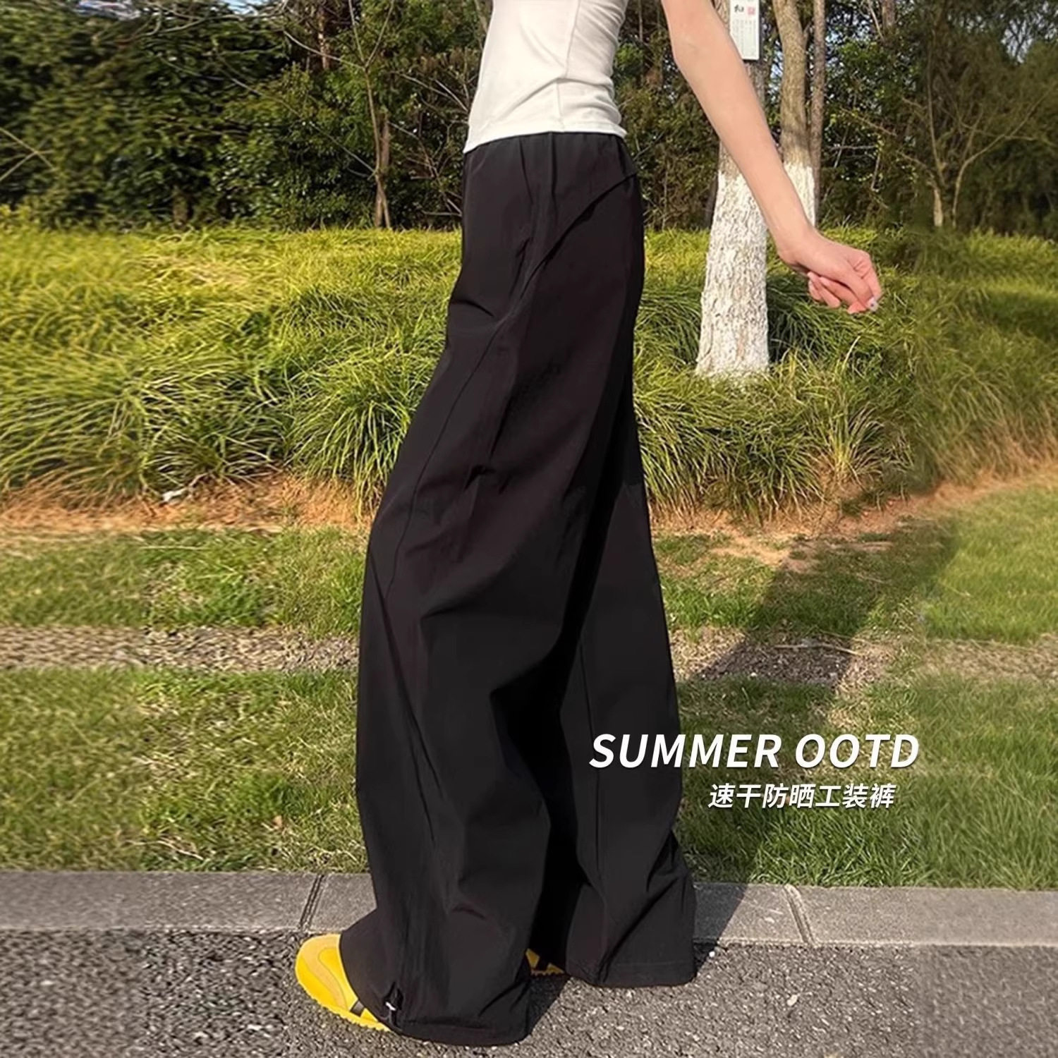 高腰阔腿裤女夏季薄款宽松直筒运动风口袋运动速干工装裤女小个子