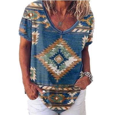 Tops Retro Womens Printed Geometric Short Sleeve Loose