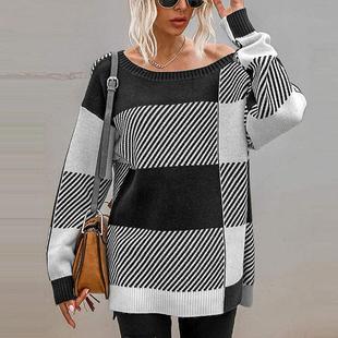 cotton sweater womens fine contrast neck yarn loose plaid