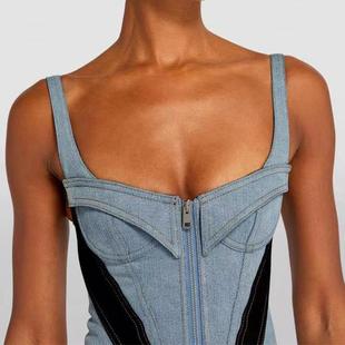 color skirt contrast waist stitching denim Sexy suspender