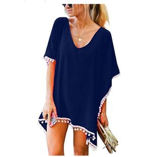 Color Beach Loose Chiffon Womens Ball Tassel Solid White
