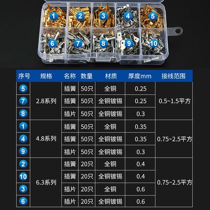 插簧+插片盒装6.3/4.8/2.8B插拔式冷压接线端子电线连接器接线铜