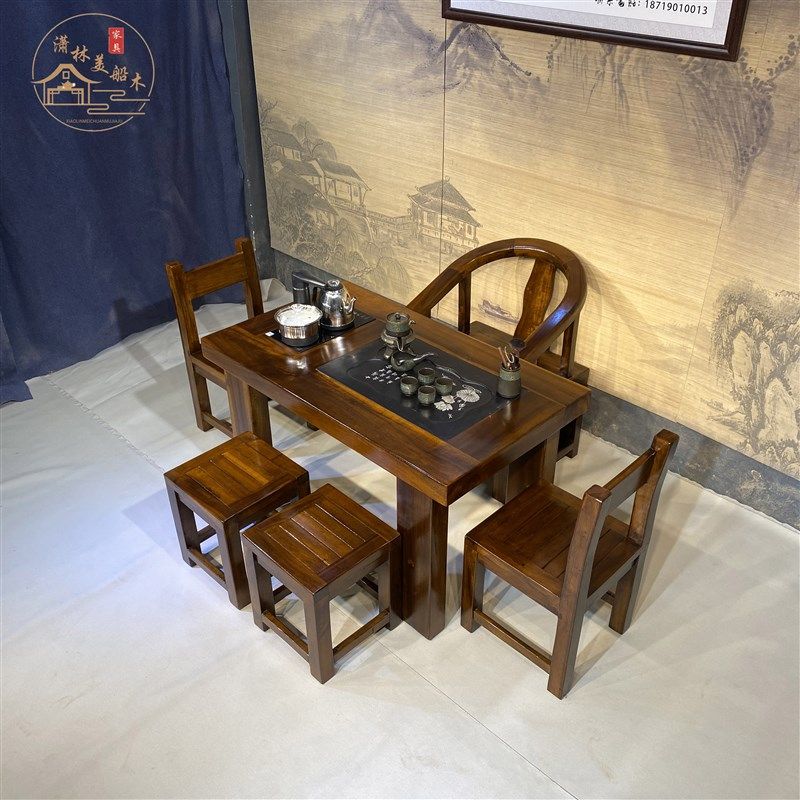 老船木小户型阳台茶桌椅组合实木办工茶客厅几家用简约小型桌台茶