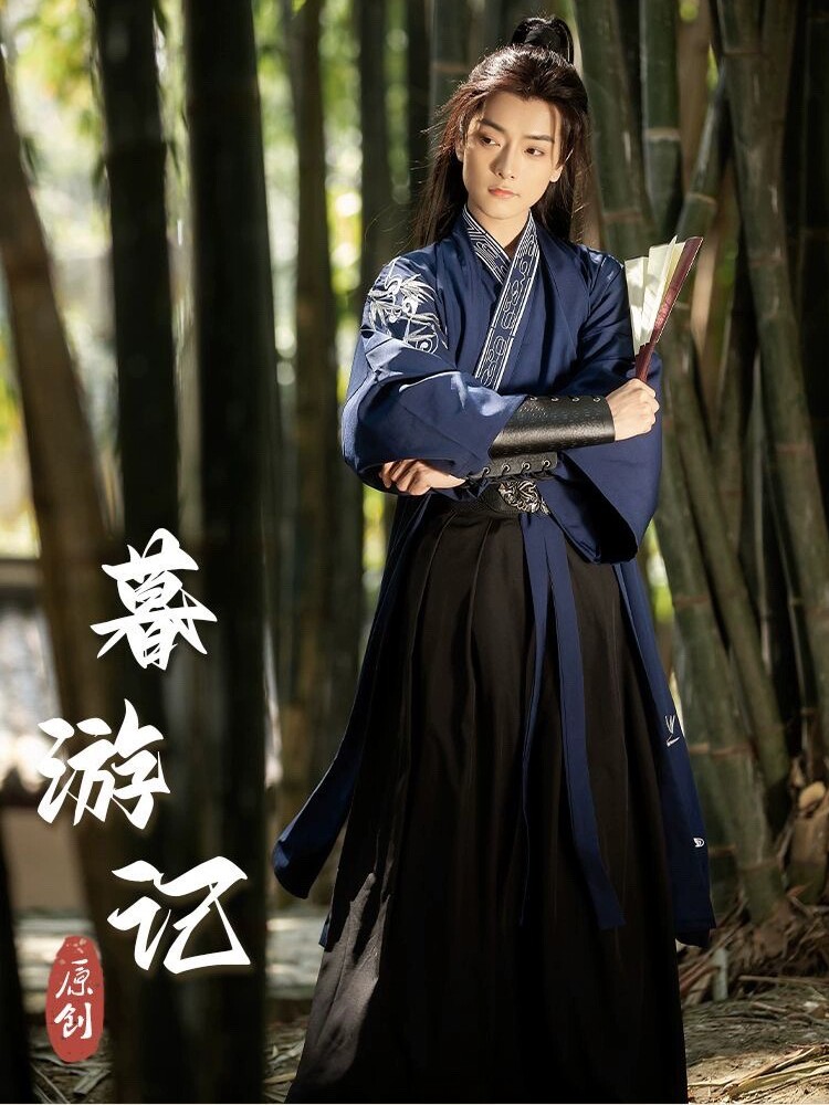 QINGSHANG의 새로운 긴 원본 HANFU 남자 송나라 CHANGGAN TEMPLE 일일 자수 2 색 횡포 한 학생 HANFU 남자 정장