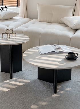 舒梵双子茶几/洞石岩板耐造/简约黑色/中古柚木色大小圆茶几组合