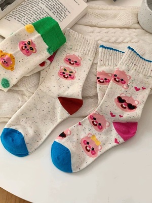 袜子女小海狸露可爱粉色堆堆ins棉袜卡通网红花边棉袜点点中筒袜