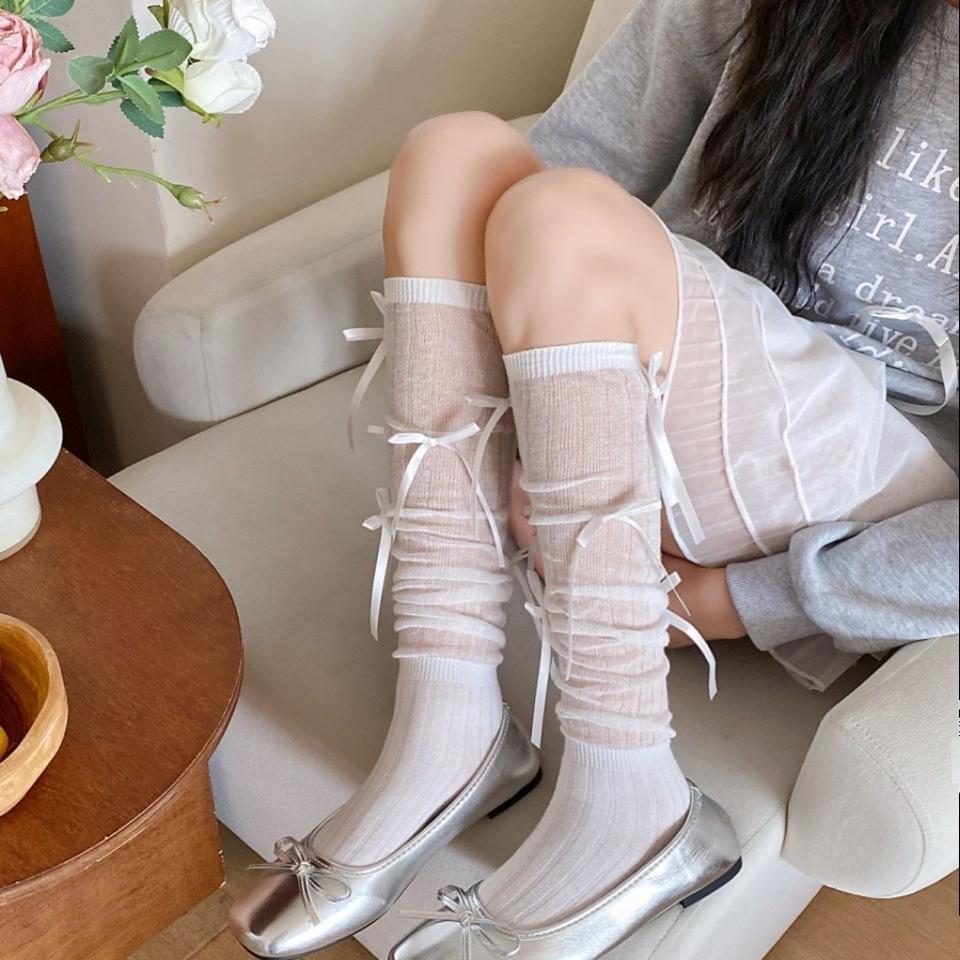 纯欲芭蕾风lolita绑带长筒袜子女镂空白色蕾丝蝴蝶结jk小腿堆堆袜