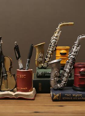 复古萨克斯小提琴书本装饰树脂笔筒摆件客厅书房桌面摆设