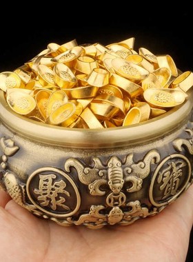 速发黄铜原色双送聚宝盆摆件饰式摆设家居客厅电视柜装中品乔迁鱼
