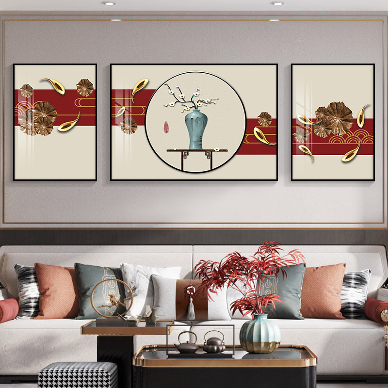 速发新中式画厅装饰客中国风沙发背景墙三联画2022财款九鱼图招新