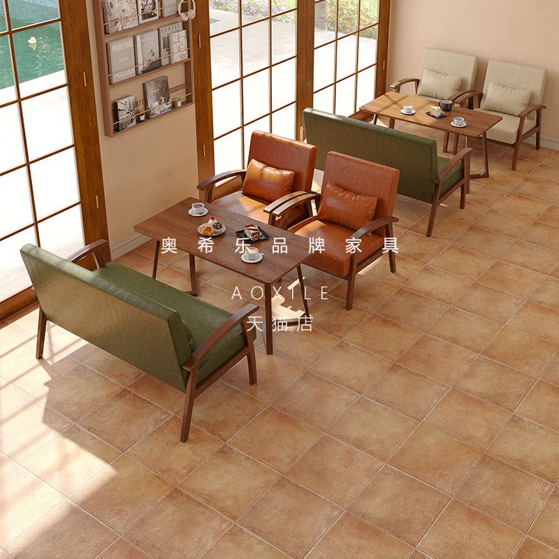 速发复古风咖啡厅桌椅对合休闲奶茶皮休息区沙发油蜡店单人椅组坐