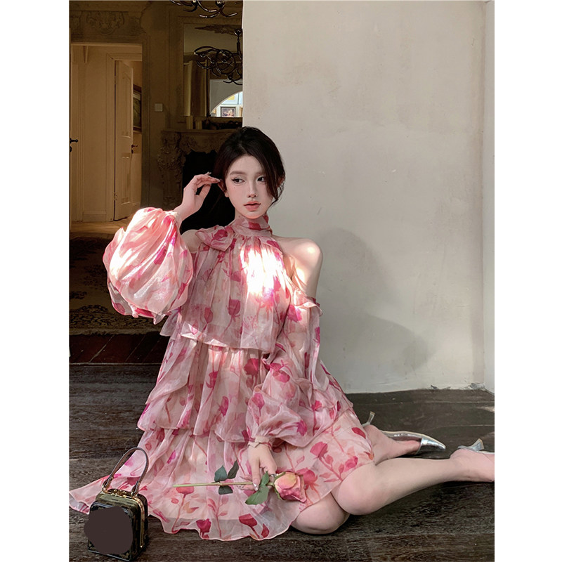 速发法式茶子气质连衣裙夏季高级感甜美碎花短款裙歇小袖长众仙