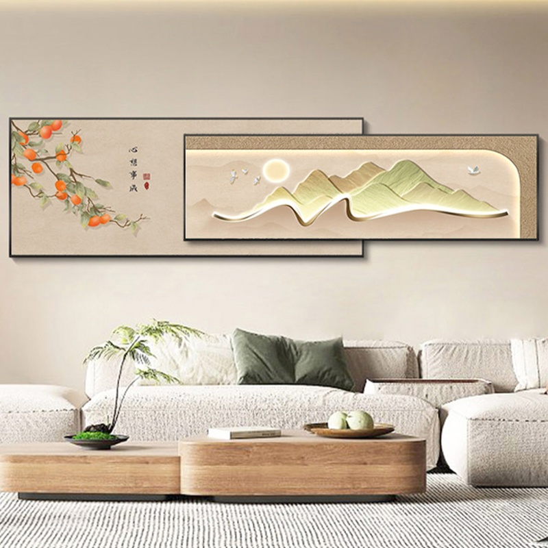 定做背有靠山沙画发山客装饰画背景墙挂画轻柿柿如金意奢床头叠壁图片