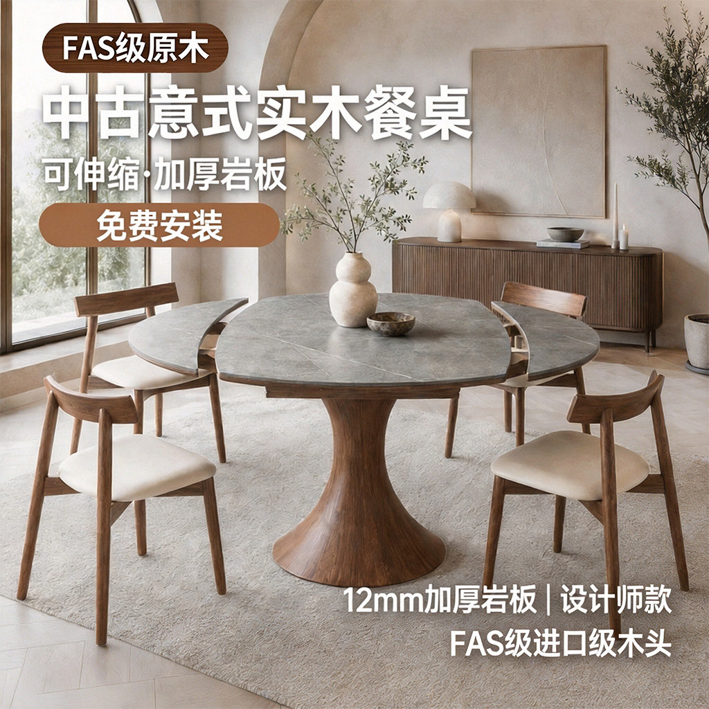 侘寂风实木岩板圆形伸缩餐桌椅