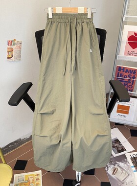 美式复古绿色伞兵工装裤男女阔腿运动裤弹力腰宽松空气裤降落伞裤