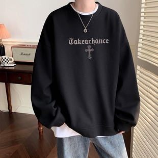 华夫格卫衣男秋季美式十字架大码长袖t恤学生潮牌宽松套头上衣服