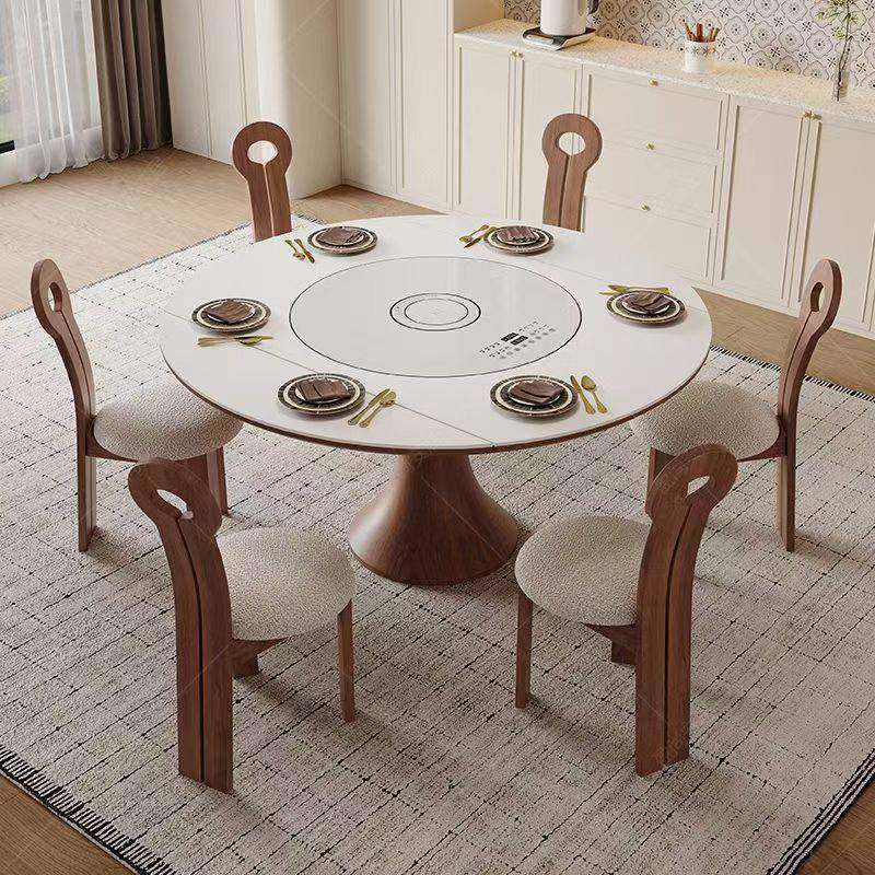 中古风实木餐桌家用小户型多功能带暖菜电磁炉转盘复古圆形饭桌椅,住宅家具,电磁炉餐桌,淘宝优惠券,粉丝福利购,淘宝优惠卷
