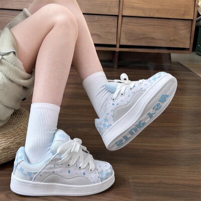 港风原创小众可爱蓝莓色面包鞋