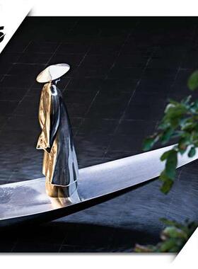 不锈钢镂空帆船抽象人物水景仿真诗人乘船售楼部景观大型定制雕塑