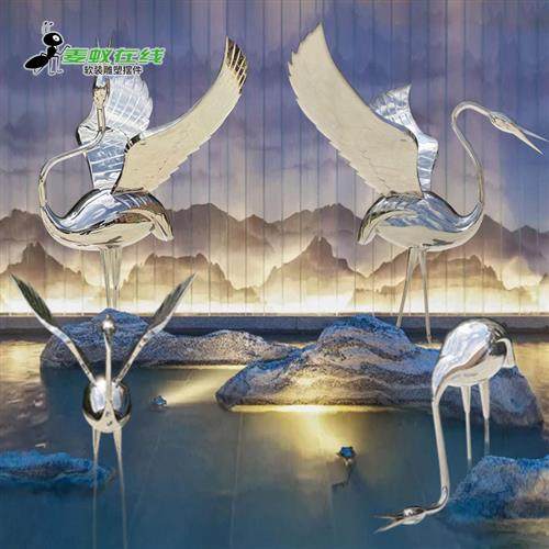 抽象户外不锈钢仙鹤水池园林景观大型落地火烈鸟摆件镜面雕塑小品