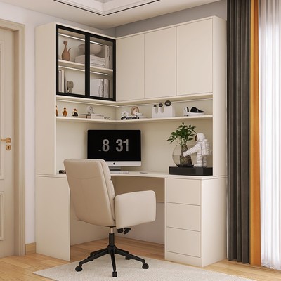 90度转角书桌书柜一体小户型卧室靠墙定制l型拐角书架电脑桌组合