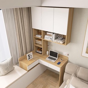 飘窗转角书桌书柜一体靠墙半搭拼接梳妆台收纳柜组合飘窗专用桌子