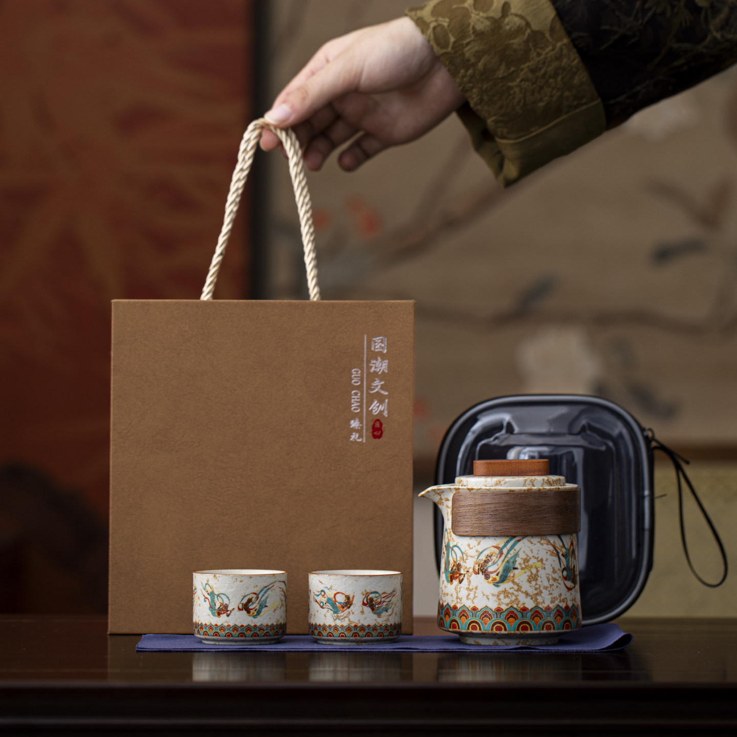 新中式敦煌文创快客杯陶瓷一壶二杯茶具小套装便携式礼盒装送客户