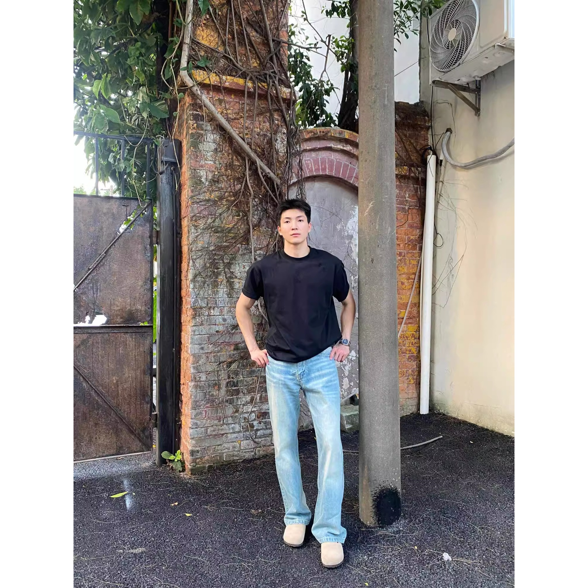 美式水洗猫须cleanfit牛仔裤男春秋季新款复古高街宽松直筒阔腿裤