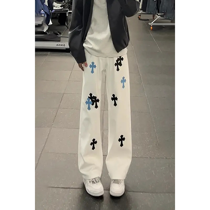 美式高街十字架刺绣牛仔裤男