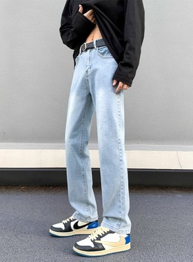 浅蓝色高街复古牛仔裤男春秋新款修身显瘦美式vibe直筒休闲长裤子