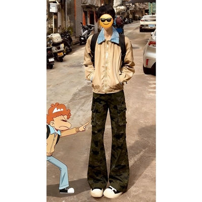 美式高街迷彩牛仔裤男设计感