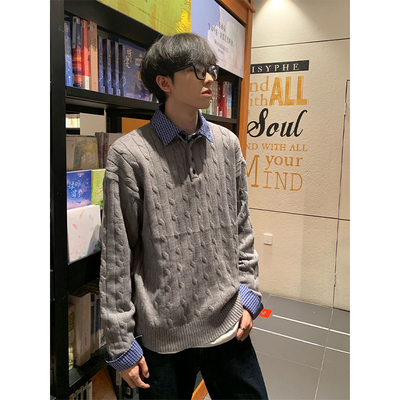 灰色假两件麻花毛衣男款miu系