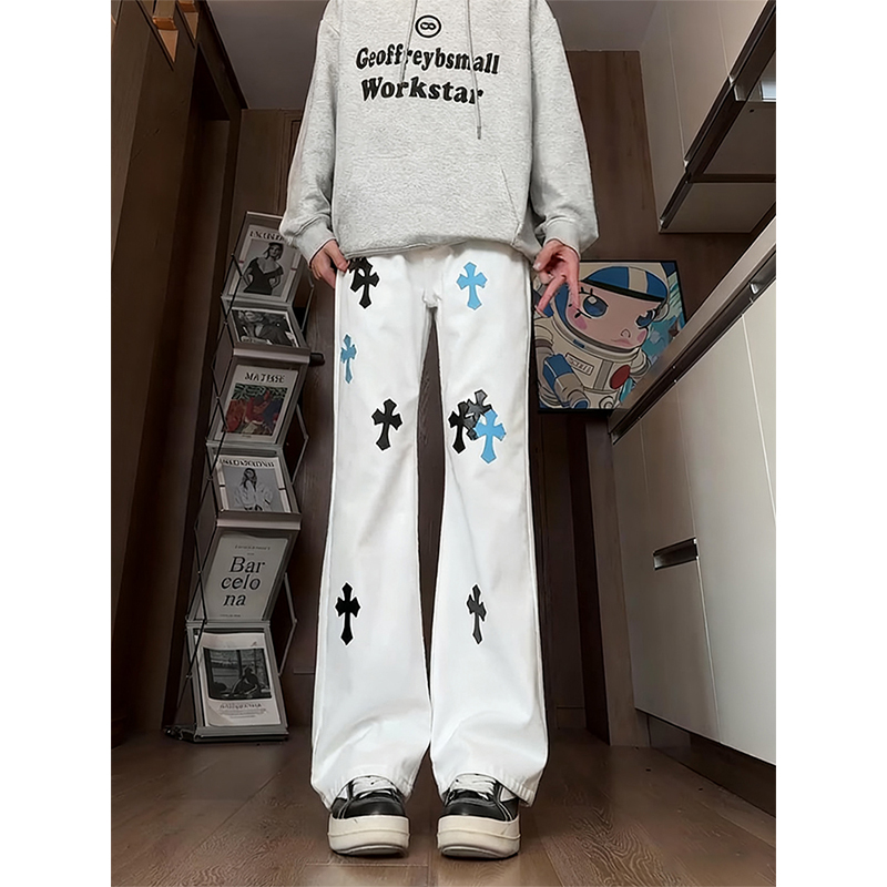美式高街十字架刺绣牛仔裤男
