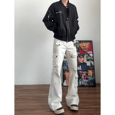 白色vibe绑带微喇牛仔裤男款弯刀