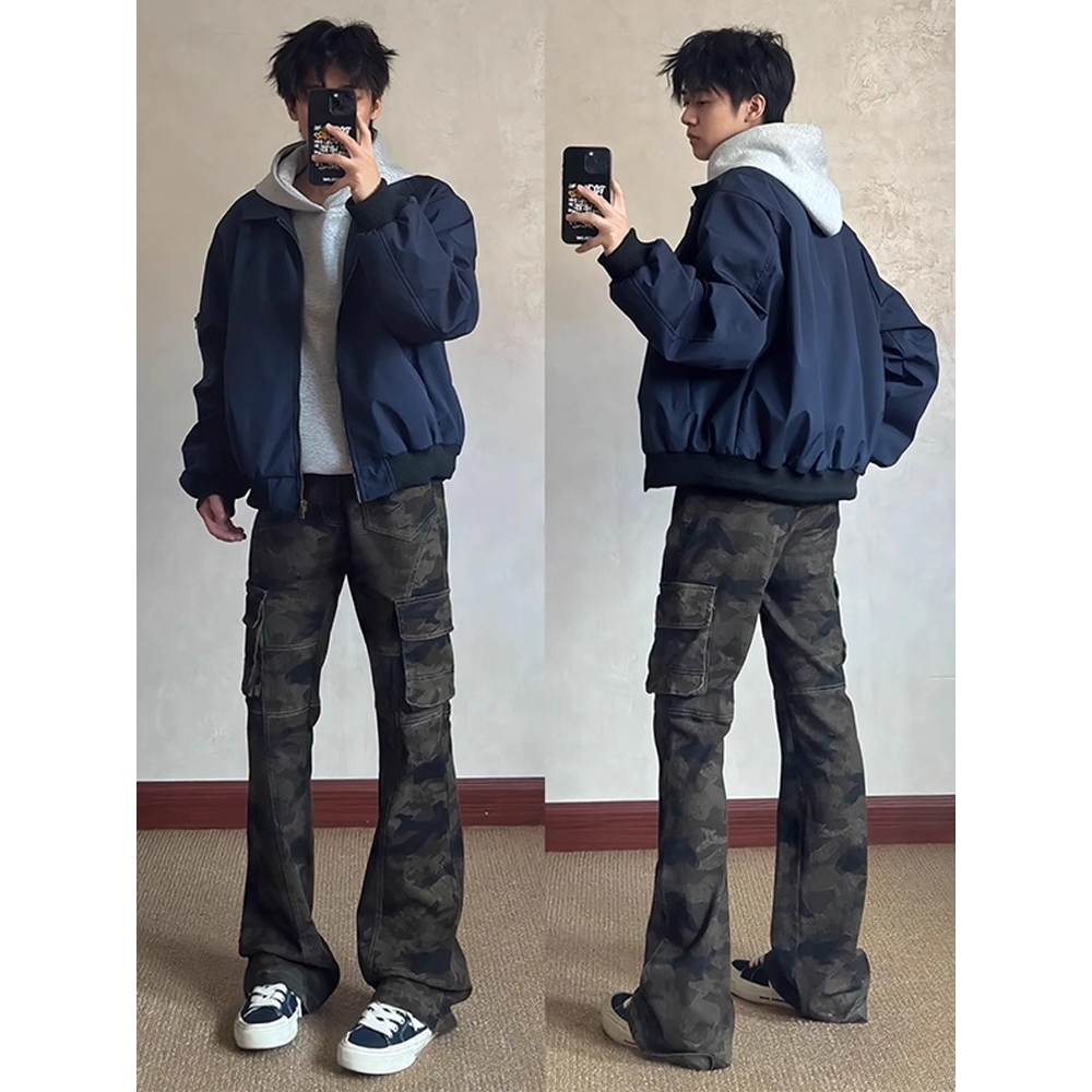 美式复古迷彩牛仔裤男微喇高街