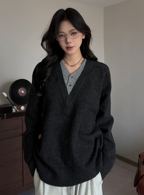 深灰色假两件毛衣男女秋冬新款慵懒风高级感针织打底衫老钱风外套