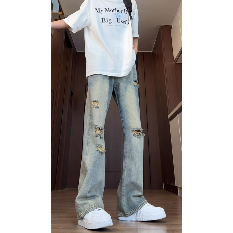 美式高街vibe破洞牛仔裤男微喇裤