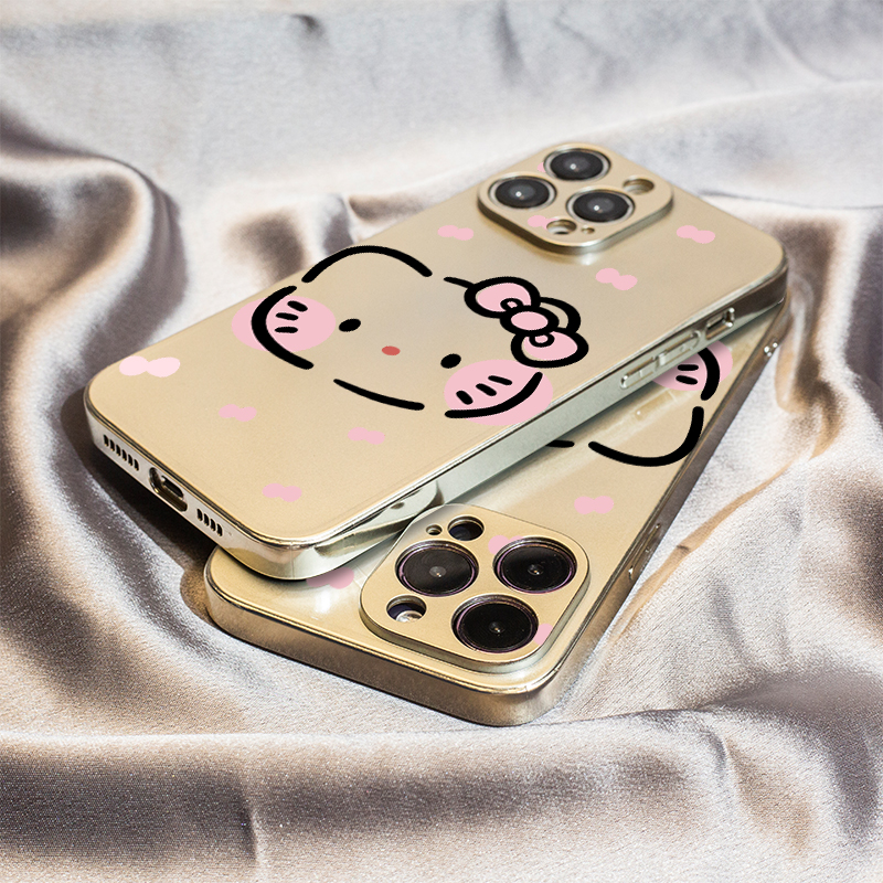 蝴蝶结KT猫适用苹果16保护套14plus电镀银iPhone15手机壳xs11全包xr情侣6s高级7g8新款12mini女se2软13promax