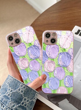 紫色花朵适用小米13PRO手机壳新款红米K60卡通NOTE12全包K50情侣K40直边K30玻璃12/11/10S小众高级感保护套女