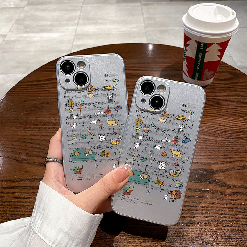 卡通乐谱适用苹果16保护套14plus电镀银iPhone15手机壳xs11全包xr情侣6s高级7g8新款12mini女se2软壳13promax