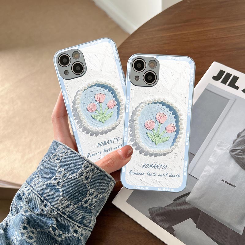 珍珠粉花iPhone14手机壳适用苹果13promax新款12卡通11全包xs/xr情侣直边玻璃小众高级7/8plus保护套se3可爱