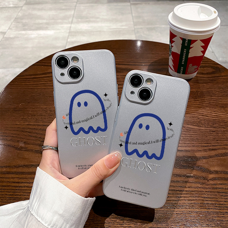 可爱幽灵适用苹果16保护套14plus电镀银iPhone15手机壳xs11全包xr情侣6s高级7g8新款12mini女se2软壳13promax