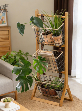 花架置物架阳台实木轻奢高级感不占地方落地式家用多层客厅收纳架