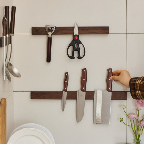 岩璞厨房磁吸刀架置物架免打孔壁挂式黑胡桃磁铁磁性菜刀具收纳层