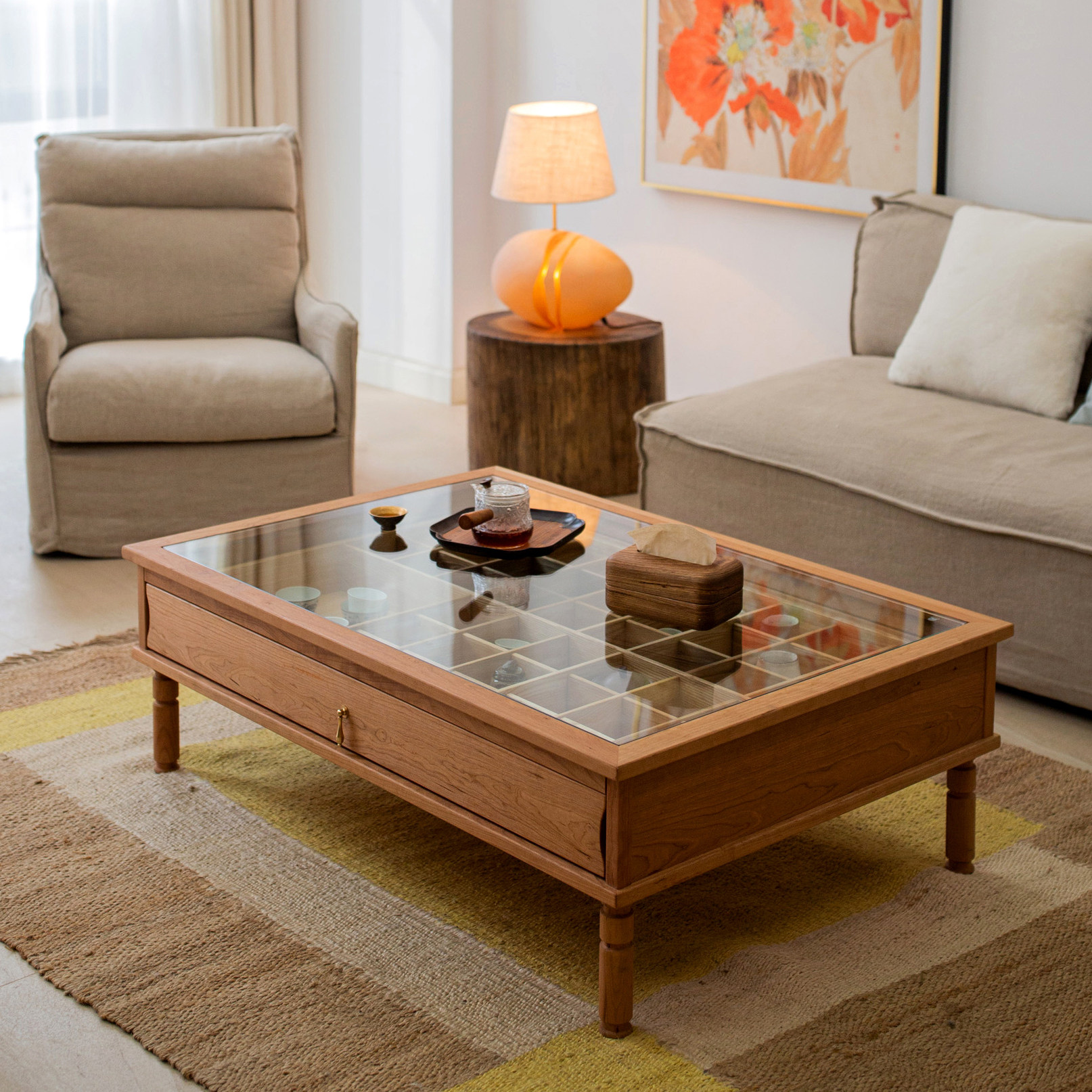 岩璞实木多宝格玻璃茶几收纳格子